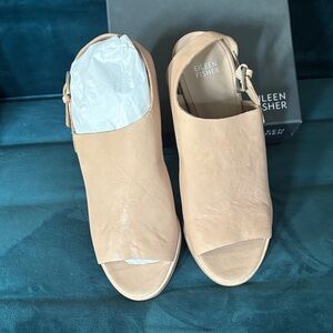 Eileen Fisher Women's Vacchetta Leather Peep-Toe Sandals in Sand color.